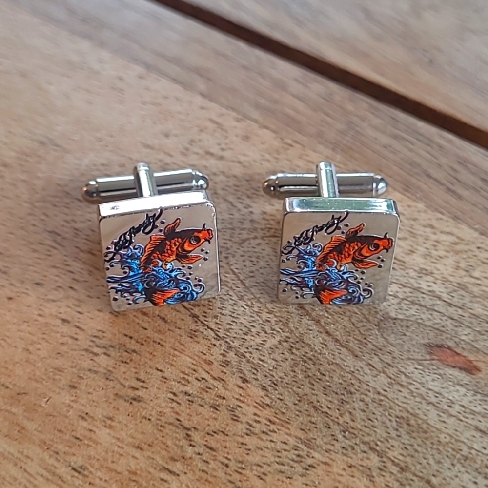 RARE Vintage Ed Hardy silver Koi fish cuff links